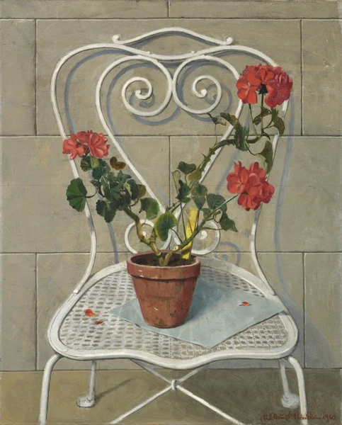 Niklaus Stoecklin — Weisser Gartenstuhl mit Geranien in Tontopf, 1960