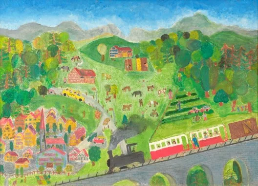 Niklaus Wenk — Toggenburger Landschaft mit Dorf, Postauto und Zug