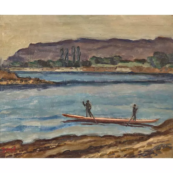 Flusslandschaft mit Fährboot