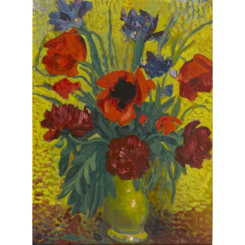 Octave Matthey — Stillleben mit Iris und Mohnblumen in Vase.