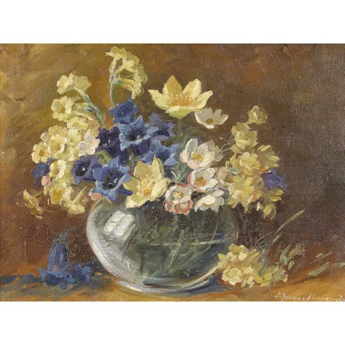 Olga Derendinger-Roux — Stillleben mit Enzianen, Schlüsselblumen und Anemonen.