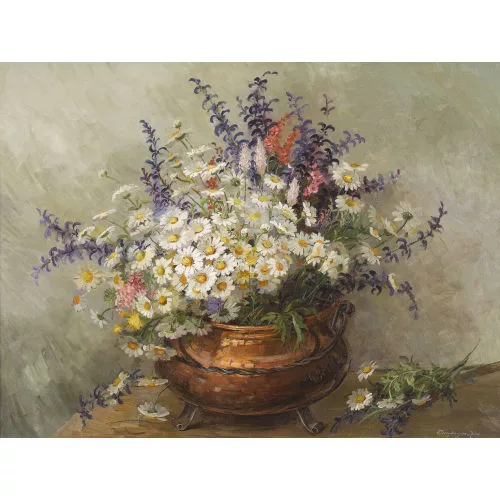 Olga Derendinger-Roux — Stillleben mit Feldblumen in einem Kupferkessel.