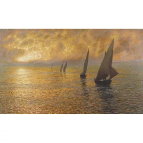 Oscar Nussio — Sonnenuntergang auf ruhiger See mit Segelbooten.