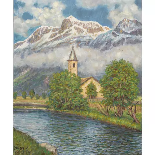 Berglandschaft mit Fluss und Kirche