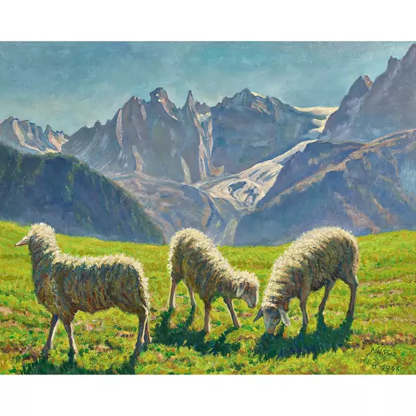 Weidende Schafe vor der Sciora-Bondasca-Gruppe