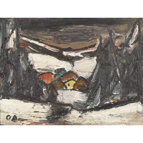 Oskar Althaus — Winterlandschaft mit Bäumen und Häusern.