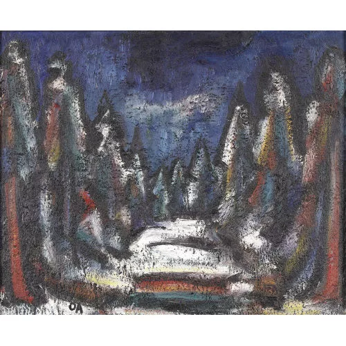 Oskar Althaus — Winterliche Allee mit Nadelbäumen.