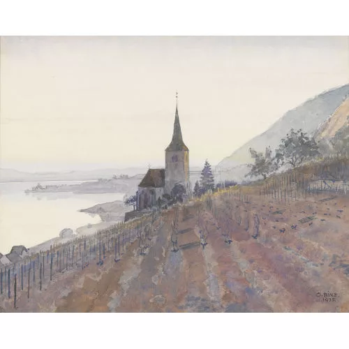 Oskar Binz — Herbstlicher Weinberg mit der Ligerzer Kirche am Bielersee.
