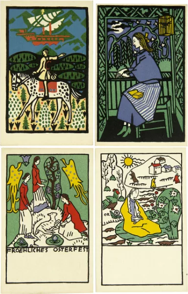 Oskar Kokoschka — Postkarten der Wiener Werkstätten - Reiter und Segelschiff. - Drei Mädchen, Lamm und Paradiesvogel. - Mädchen am Fenster. - Mädchen auf Wiese vor einem Dorf