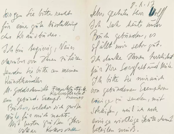 Oskar Kokoschka — 4 eigenhändige Briefe mit Unterschrift «Oskar Kokoschka». Wien und ohne Ort 3.X.1913–16.III.1918. — Galerie Kornfeld