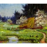 Hochstudhaus am Waldrand im Frühling