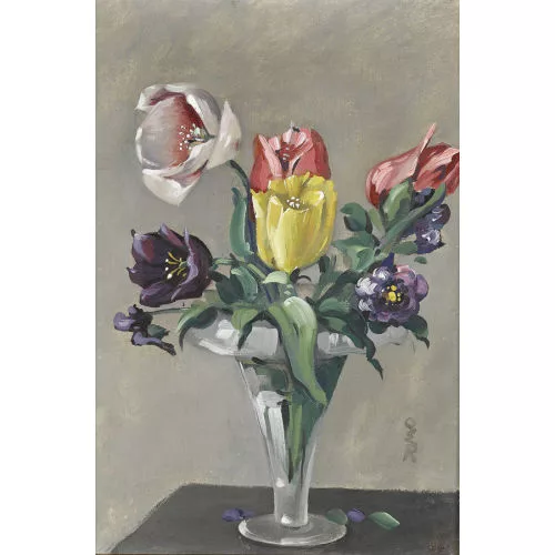 Ottilie W. Roederstein — Stillleben mit Tulpen in einer Glasvase.