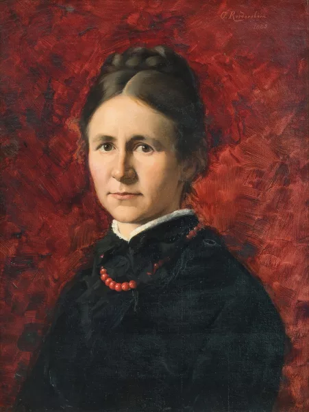 Ottilie W. Roederstein — Portrait einer jungen Frau mit hochstecktem, dunklem Haar und roter Korallenkette, 1885
