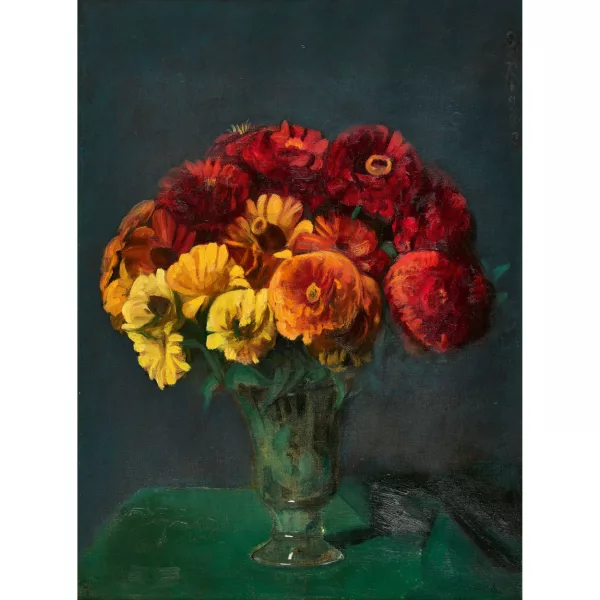 Ottilie W. Roederstein — Zinnienstrauss in Glasvase.