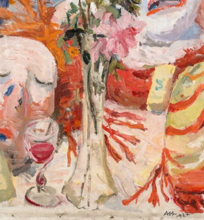 Stillleben mit Blumenvase und Weinglas, 1927