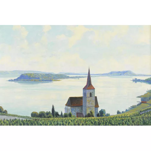 Otto Clénin — Die Kirche von Ligerz mit der St. Petersinsel.