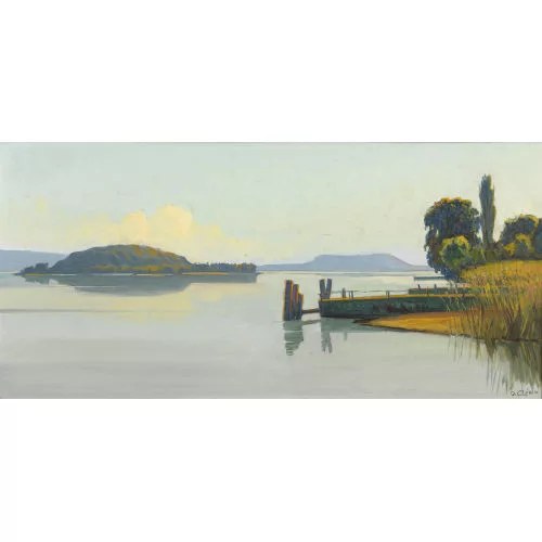 Otto Clénin — Bielersee mit St. Petersinsel am Abend.