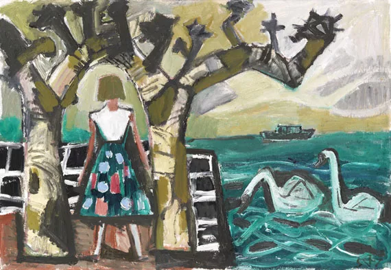 Otto Dix — Mädchen mit Platanen und zwei Schwänen am See