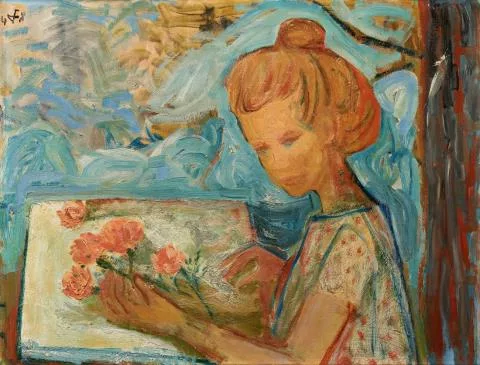 Otto Dix — Blondes Mädchen mit losen Blumen (am Tisch sitzend)