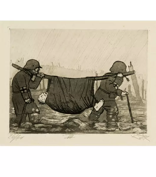 Otto Dix — Verwundetentransport im Houthulster Wald Blatt 7 der V. Mappe der Folge "Krieg" — Galerie Kornfeld