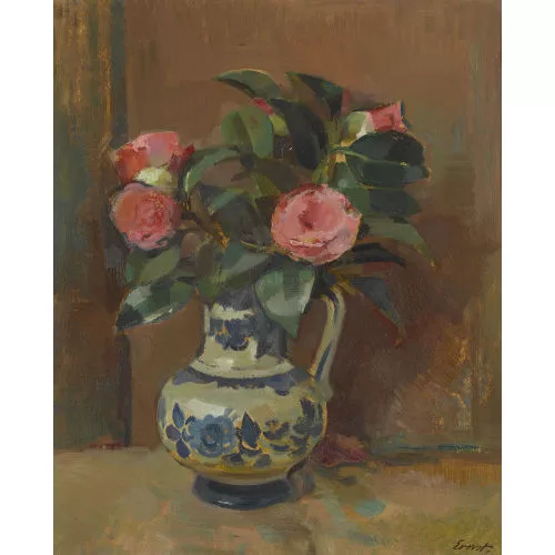 Otto Ernst — Stillleben mit Kamelien in einer Vase.