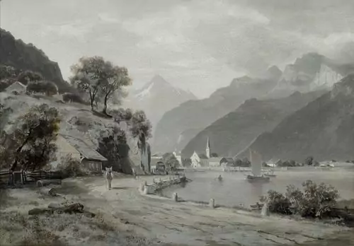OTTO FRÖLICHER — View from Flüelen with the old Gotthard Road and the Urirotstock in the background. — Koller Auktionen