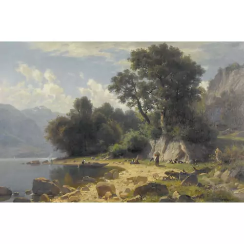 Idyllisches Bergseeufer mit Bauern