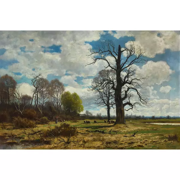 Herbstlandschaft mit Hirtin und Schafen