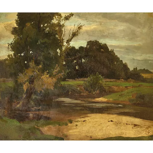 Baumbestandene Landschaft mit Bachlauf