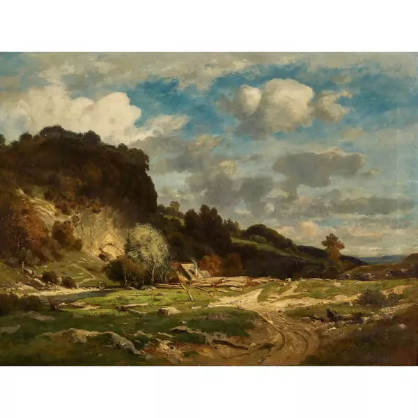 Herbstliche Flusslandschaft mit Gehöft