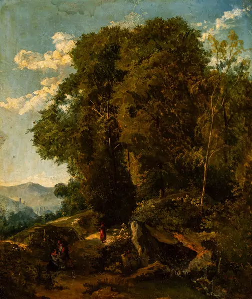 Bewaldete Landschaft mit Personenstaffage