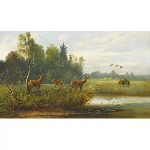 Otto Gampert — Wiesenlandschaft mit drei Rehen an einem Teich.