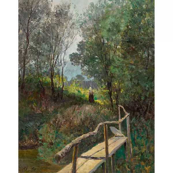 Landschaft mit Holzsteg und Bäuerin