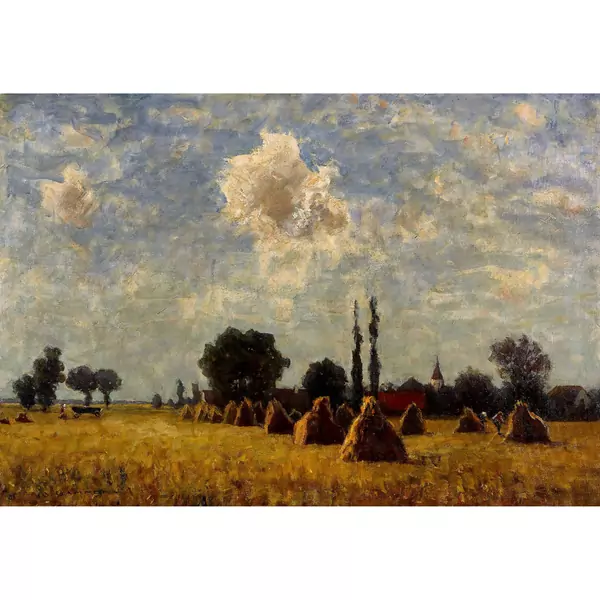 Sommerliche Feldlandschaft mit Heuschobern