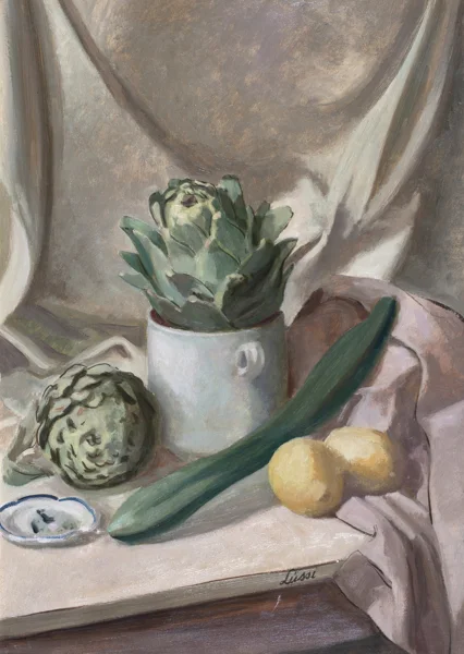 Otto Lüssi — Stillleben mit Artischocken, Gurken und Zitronen, 1932