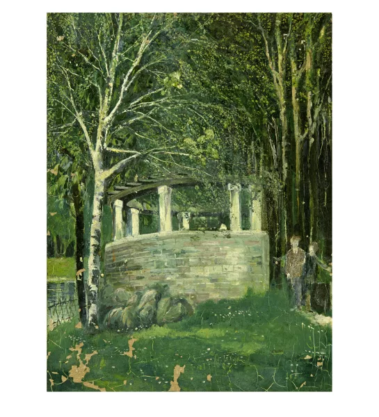 Otto Meyer-Amden — Gartenpavillon im Birkenwald am Wasser mit zwei Männern