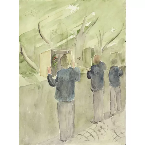Otto Meyer-Amden — Biologiestunde (3 Knaben vor Raupenkästen) — Galerie Kornfeld