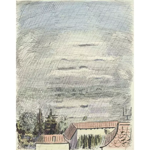 Otto Meyer-Amden — Blick über Häuserdächer. - Figur, zum Fenster hinaus zeigend — Galerie Kornfeld