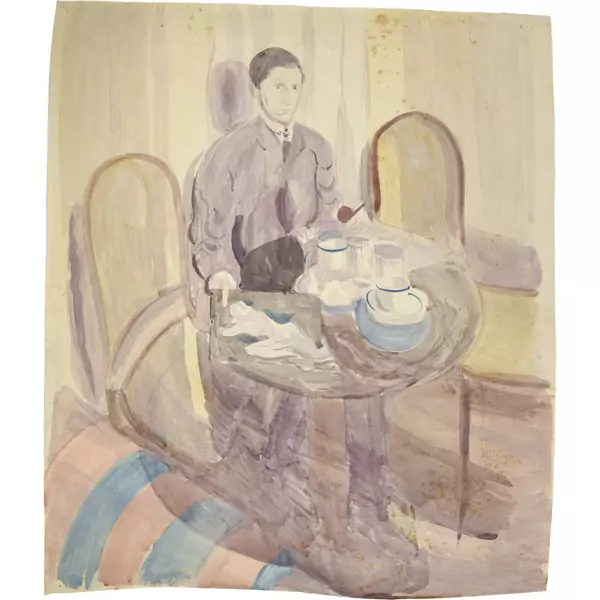 Otto Meyer-Amden — Mann am Tisch, eine Pfeife und eine Zeichnung haltend — Galerie Kornfeld
