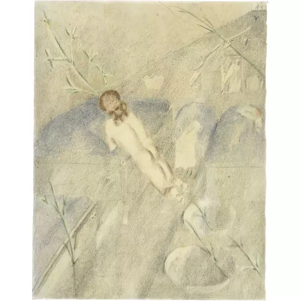 Otto Meyer-Amden — Vor dem Bett kniender nackter Knabe und Berghang — Galerie Kornfeld