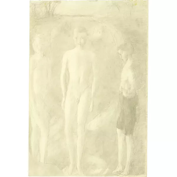 Otto Meyer-Amden — Drei entkleidete Knaben im Freien, derjenige rechts in Kniehosen — Galerie Kornfeld