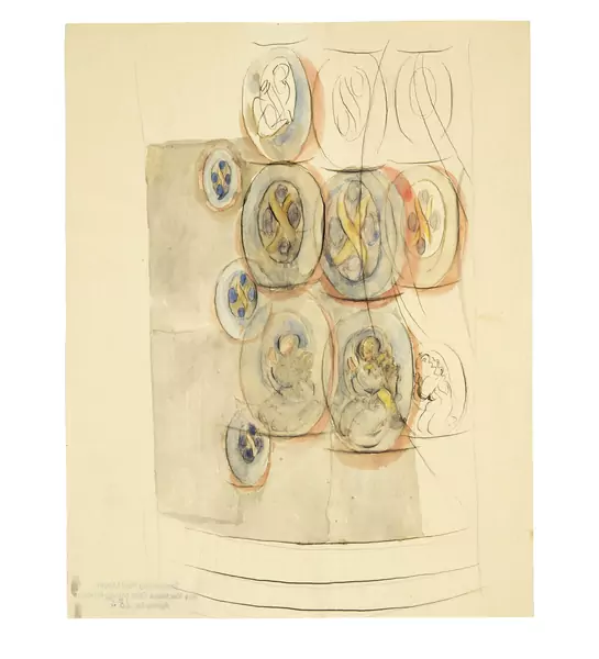 Otto Meyer-Amden — Studie zu einem Glasfenster mit knienden Engeln und geometrischem Ornament — Galerie Kornfeld