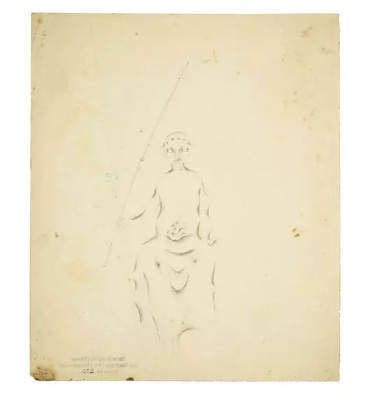 Otto Meyer-Amden — Frontal, sitzender Knabenakt mit Stab in rechter Hand und einem Tuch über den Beinen, in der Art griechischer Jünglingsstatuen — Galerie Kornfeld
