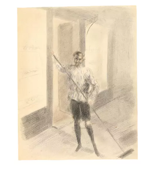 Otto Meyer-Amden — Knabe mit Besen vor Ladeneingang — Galerie Kornfeld