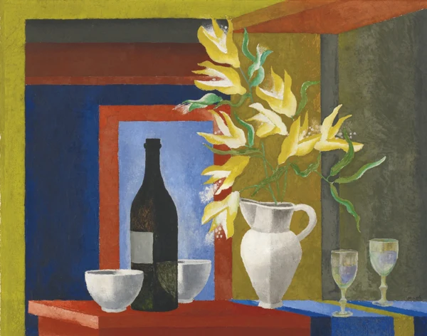 Otto Morach — STILLLEBEN MIT DUNKLER FLASCHE UND BLUMENVASESTILL LIFE WITH DARK BOTTLE AND FLOWER VASE