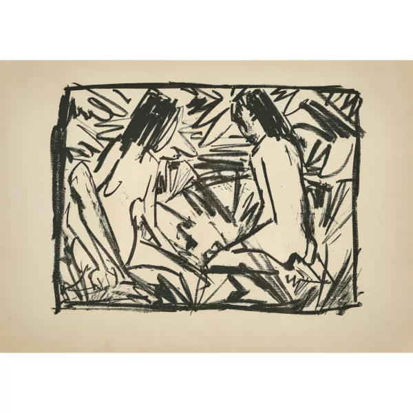 Otto Müller — "Ein sitzendes und kniendes Mädchen unter Blättern".