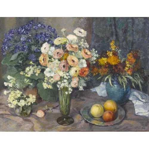 Otto Séquin — Stillleben mit Blumen und Äpfeln.