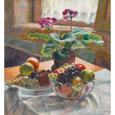 Stillleben mit Obst und Geranie