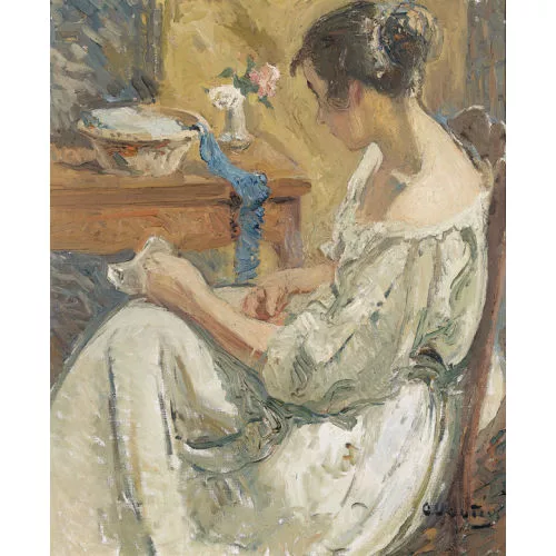 Otto Vautier — Interieur mit junger Dame am Tisch.