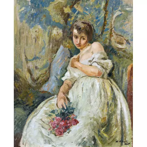 Sitzende junge Dame mit einem Rosenstrauss